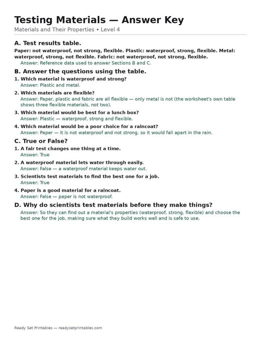 testing materials — free printable materials and their properties worksheet for kids answer key