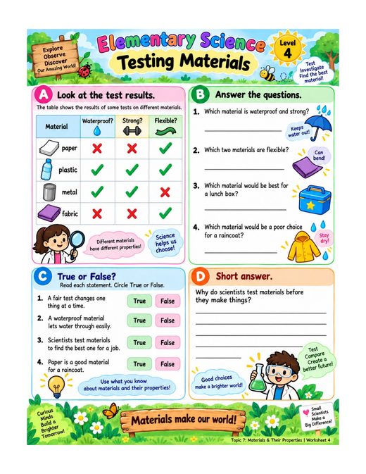 testing materials — free printable materials and their properties worksheet for kids