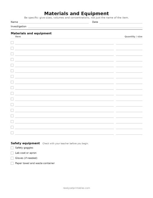 materials and equipment — template (ages 11–14) — free printable science worksheet
