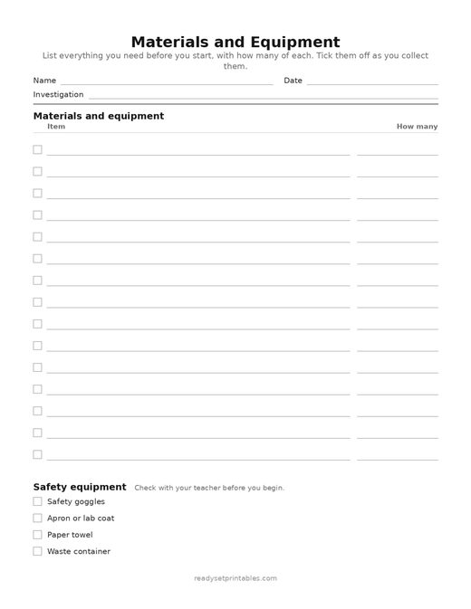materials and equipment — template (ages 8–10) — free printable science worksheet