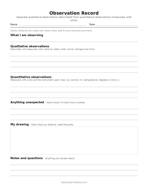 observation record — template (ages 11–14) — free printable science worksheet
