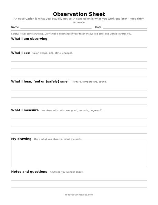 observation sheet — template (ages 8–10) — free printable science worksheet