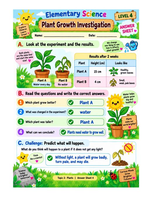 plant growth investigation — free printable plants worksheet for kids answer key