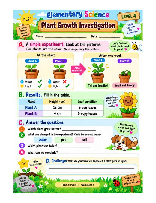 plant growth investigation — free printable plants worksheet for kids