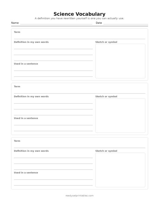 science vocabulary — template (ages 11–14) — free printable science worksheet
