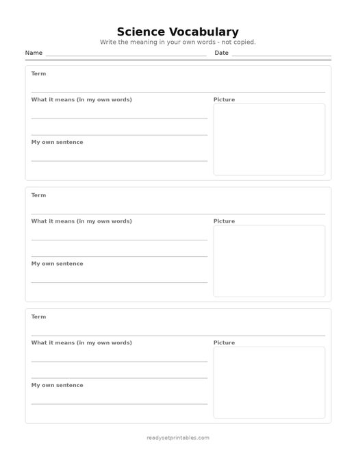 science vocabulary — template (ages 8–10) — free printable science worksheet
