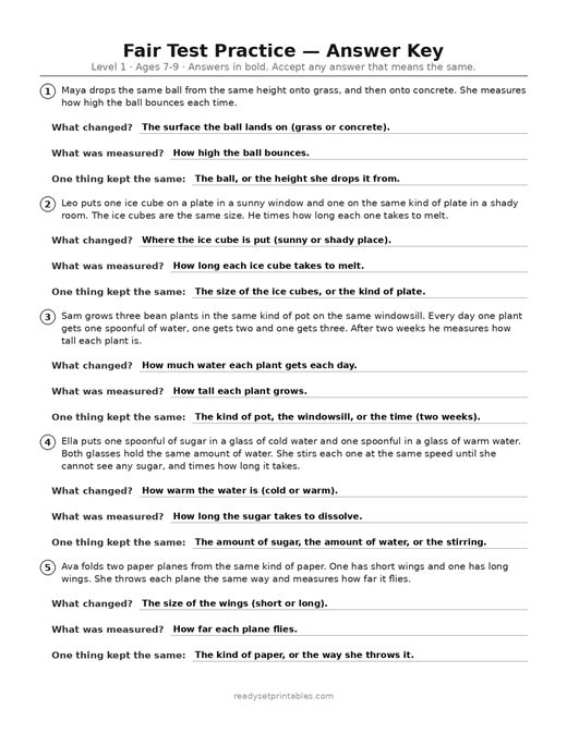 fair test practice — level 1 (ages 7–9) answer key — free printable science worksheet
