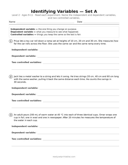 identifying variables practice — level 2, set a (ages 9–11) — free printable science worksheet