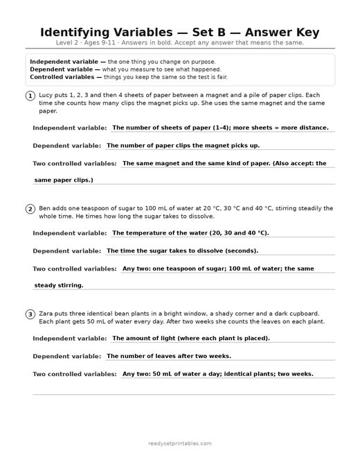 identifying variables practice — level 2, set b (ages 9–11) answer key — free printable science worksheet