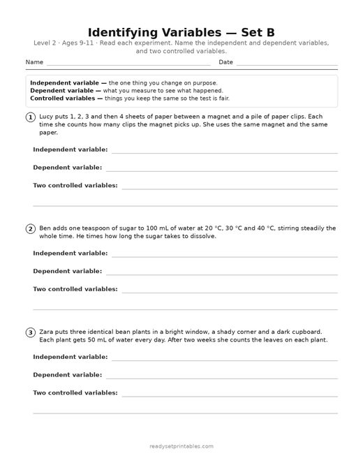 identifying variables practice — level 2, set b (ages 9–11) — free printable science worksheet
