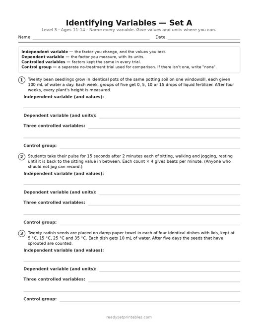 identifying variables practice — level 3, set a (ages 11–14) — free printable science worksheet