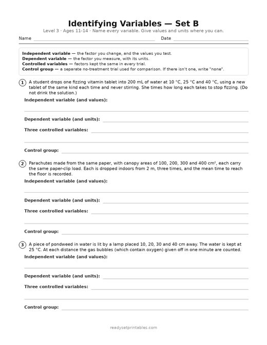 identifying variables practice — level 3, set b (ages 11–14) — free printable science worksheet