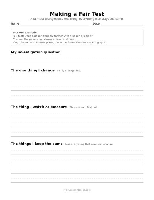 making a fair test — template (ages 5–7) — free printable science worksheet