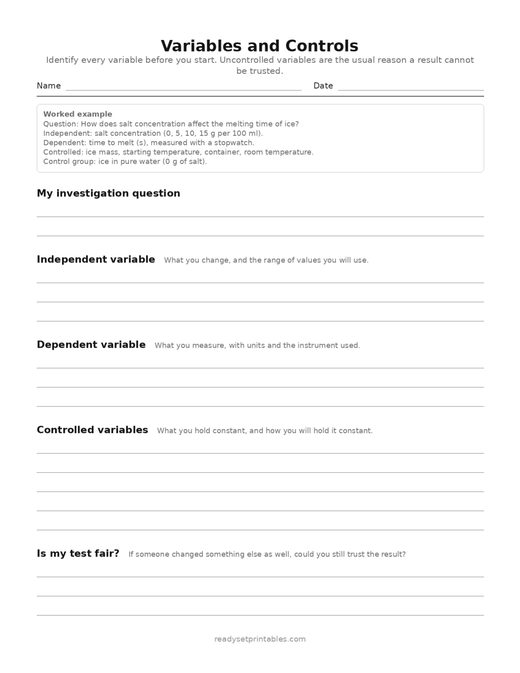 variables and controls — template (ages 11–14) — free printable science worksheet