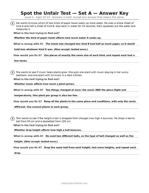 spot the unfair test — level 4, set a (ages 10–13) answer key — free printable science worksheet