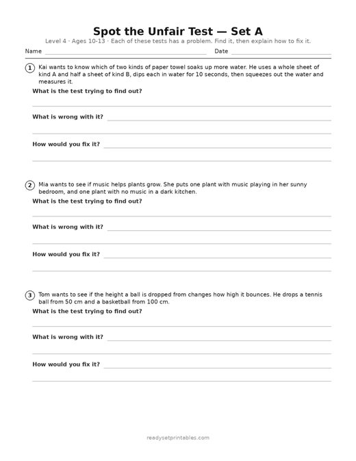 spot the unfair test — level 4, set a (ages 10–13) — free printable science worksheet