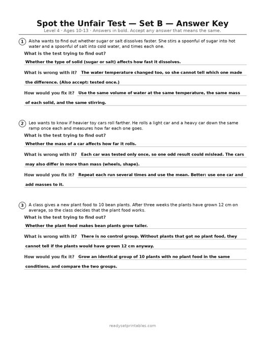 spot the unfair test — level 4, set b (ages 10–13) answer key — free printable science worksheet