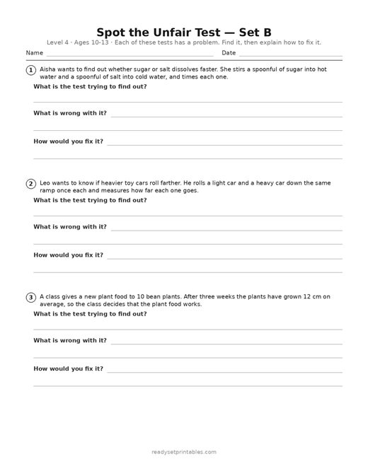 spot the unfair test — level 4, set b (ages 10–13) — free printable science worksheet