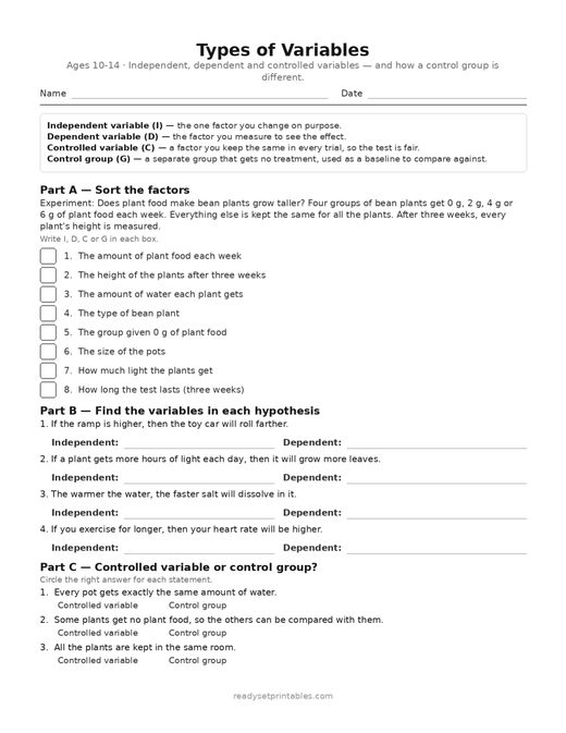 types of variables: independent, dependent and controlled (ages 10–14) — free printable science worksheet