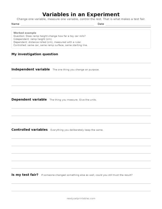 variables in an experiment — template (ages 8–10) — free printable science worksheet