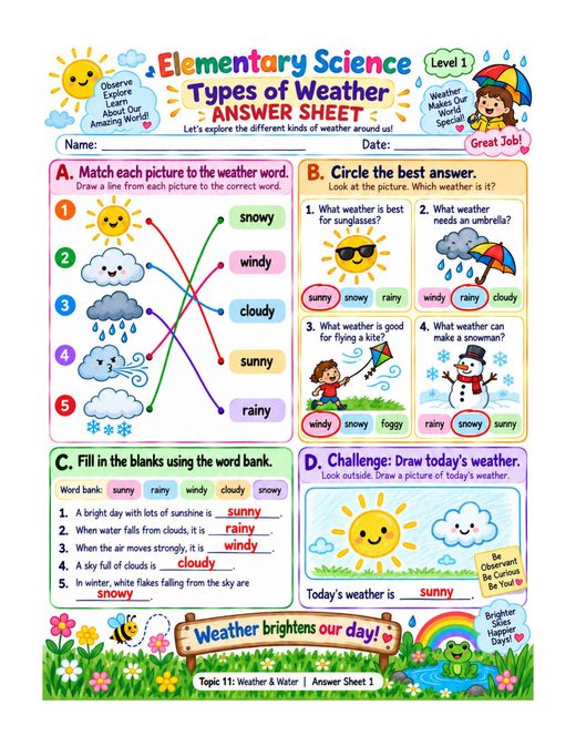 types of weather — free printable weather and water worksheet for kids answer key
