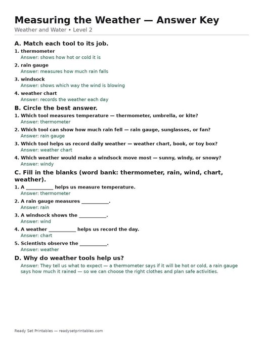 measuring the weather — free printable weather and water worksheet for kids answer key