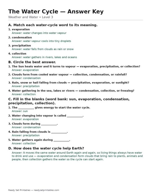 the water cycle — free printable weather and water worksheet for kids answer key
