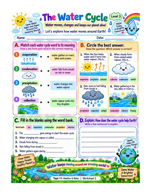 the water cycle — free printable weather and water worksheet for kids