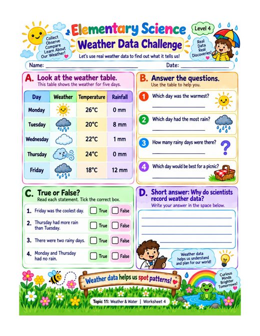 weather data challenge — free printable weather and water worksheet for kids