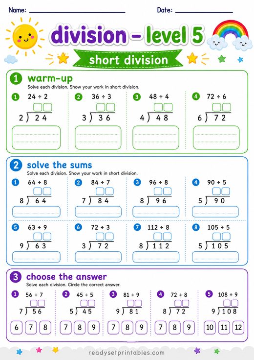 Short Division Worksheet — printable Division math worksheet