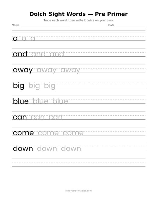 Sight Words Dolch Pre Primer