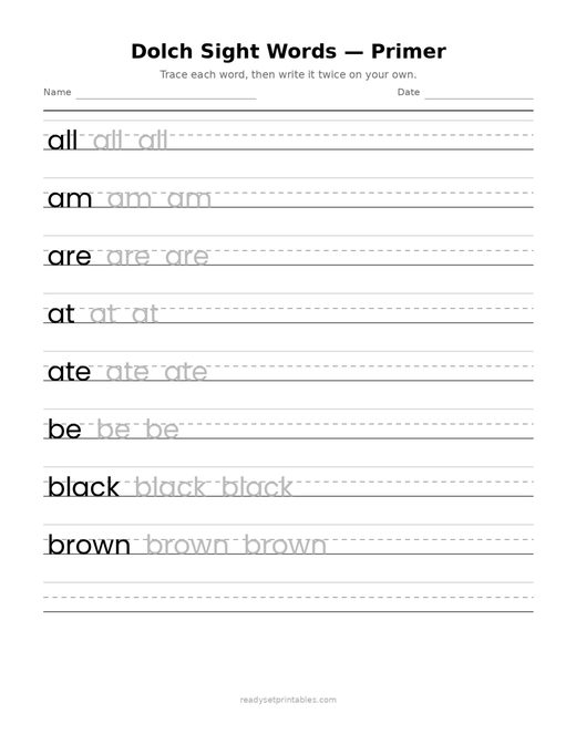 Sight Words Dolch Primer