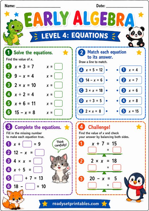 Simple Equations Worksheet — printable Early Algebra math worksheet
