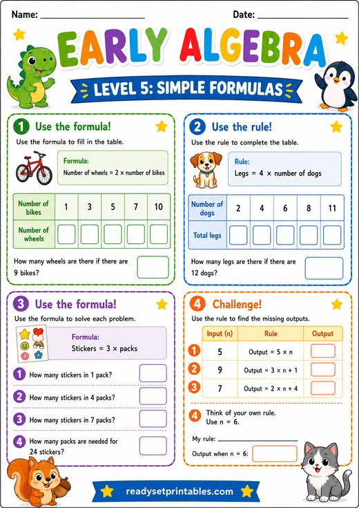 Simple Formulas Worksheet — printable Early Algebra math worksheet