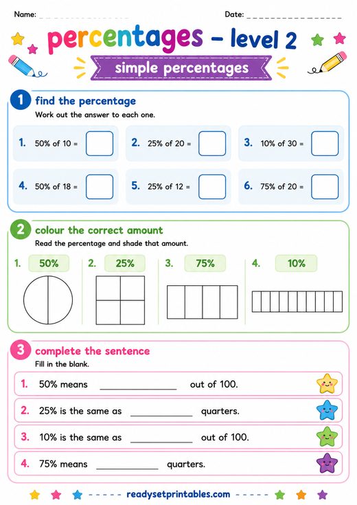 Simple Percentages Worksheet — printable Percentages math worksheet