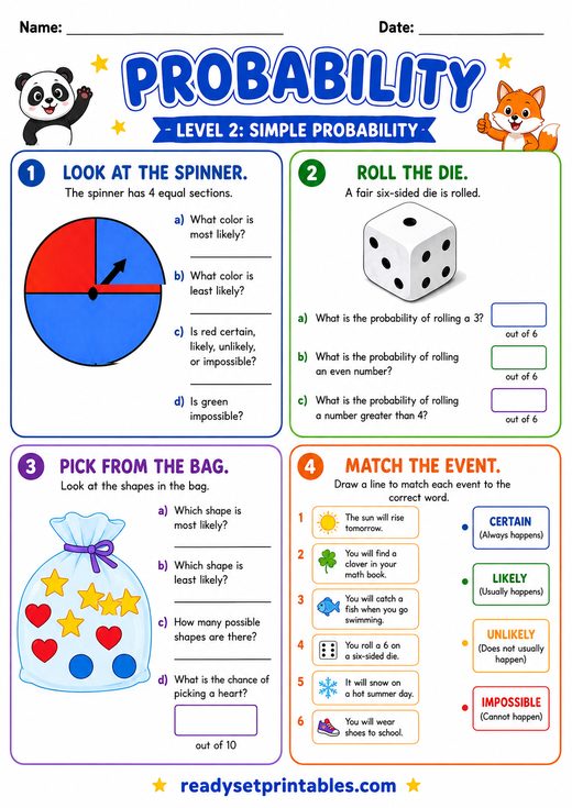 Simple Probability Worksheet — printable Probability math worksheet
