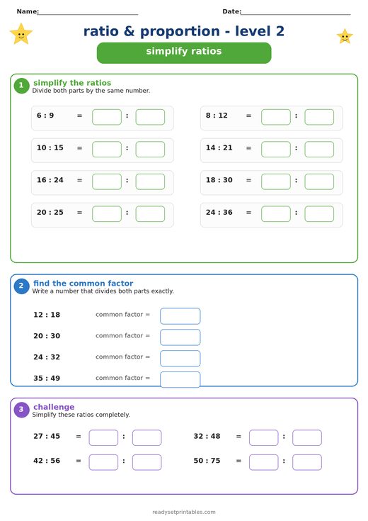 Simplifying Ratios Worksheet — printable Ratio & Proportion math worksheet