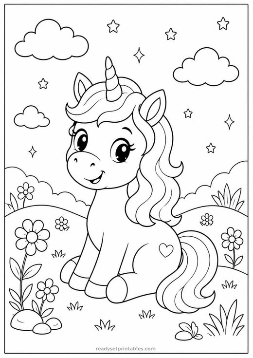 sitting unicorn coloring page — free printable coloring sheet for kids