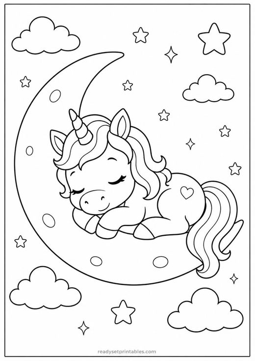 sleeping unicorn coloring page — free printable coloring sheet for kids