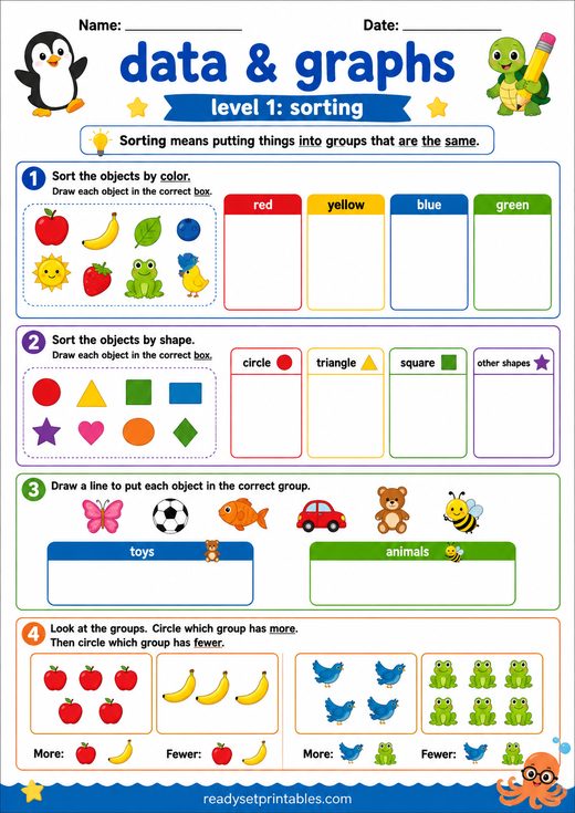 Sorting Objects Worksheet — printable Data & Graphs math worksheet