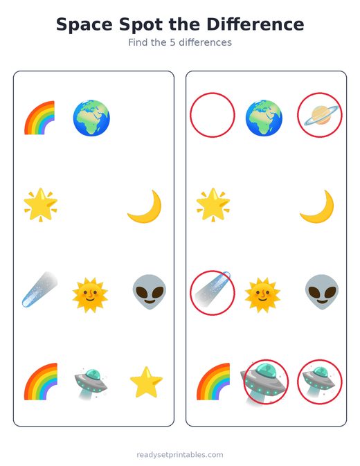 Space spot the difference answer key — free printable for kids