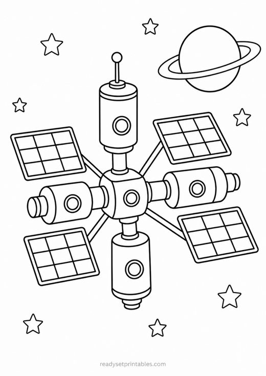 space station coloring page — free printable coloring sheet for kids
