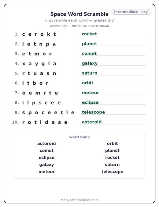 Space word scramble puzzle, intermediate answer key — free printable