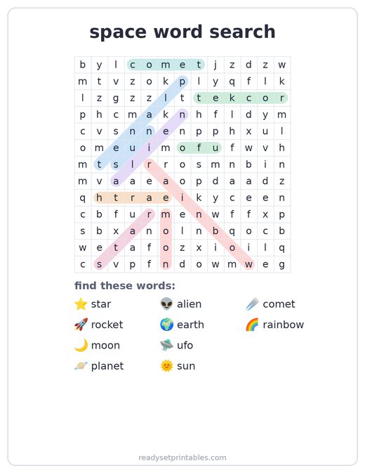 Space word search answer key — free printable for kids