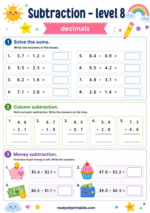 Subtracting Decimals Worksheet — printable Subtraction math worksheet