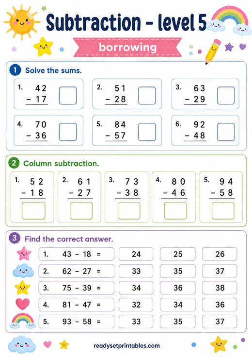 Subtraction with Regrouping Worksheet — printable Subtraction math worksheet