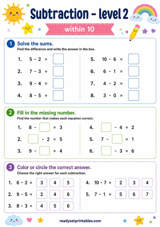 Subtraction Within 10 Worksheet — printable Subtraction math worksheet