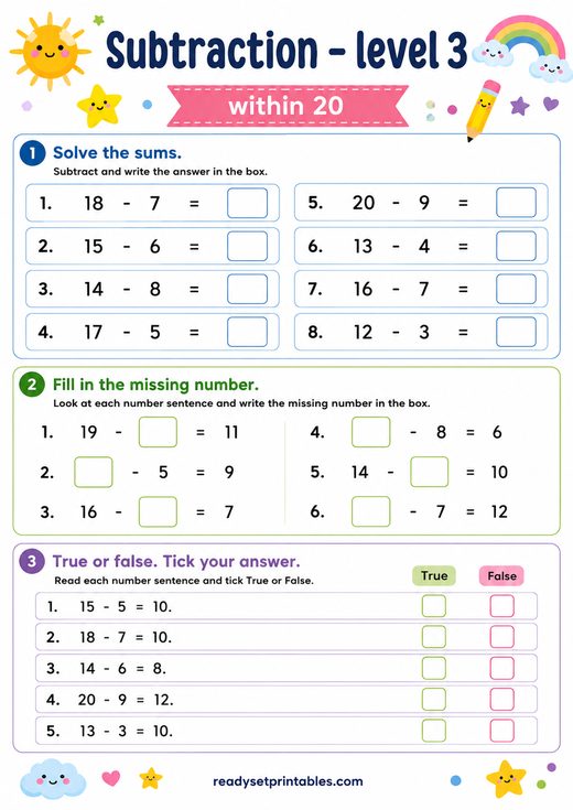 Subtraction Within 20 Worksheet — printable Subtraction math worksheet
