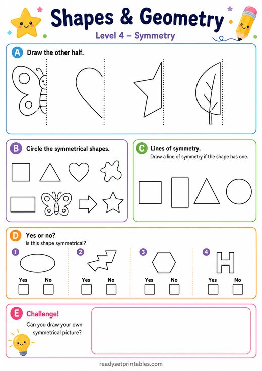Symmetry Worksheet — printable Shapes & Geometry math worksheet