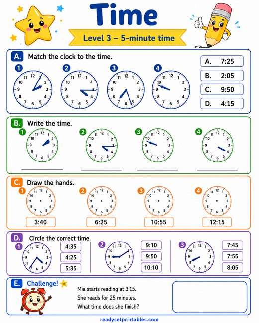 Telling Time 5 Minute Intervals Worksheet — printable Telling Time math worksheet